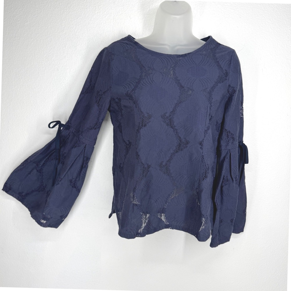 Womens Navy Blue Lace Bell Sleeve Embroidered Top Sheer Size S Boho Victorian